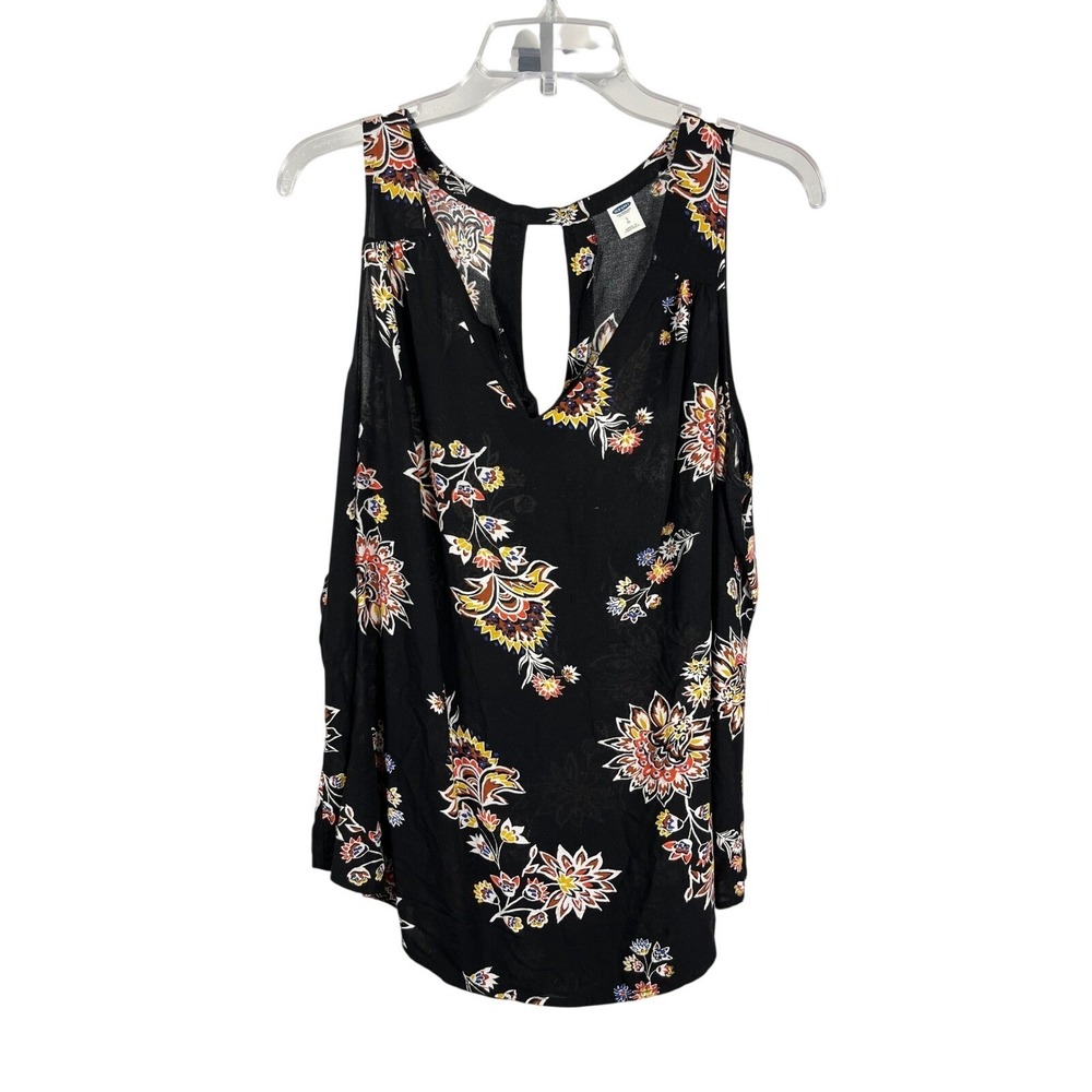 Old Navy Black Floral Print V Neck Sleeveless Tank Top Women's Size L